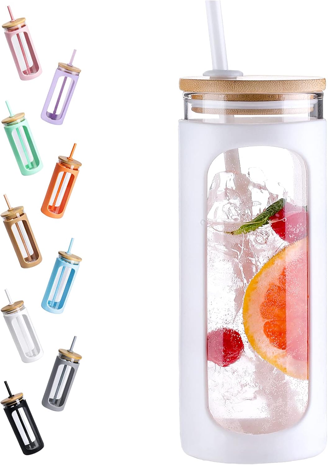20oz Glass Tumbler with Straw and Lid, Iced Coffee Cups with Bamboo Lids, Glass Cups for Cold Drinks, Smoothie Cup with Silicone Sleeve for Travel, Work, BPA FREE-Olive - Colors A