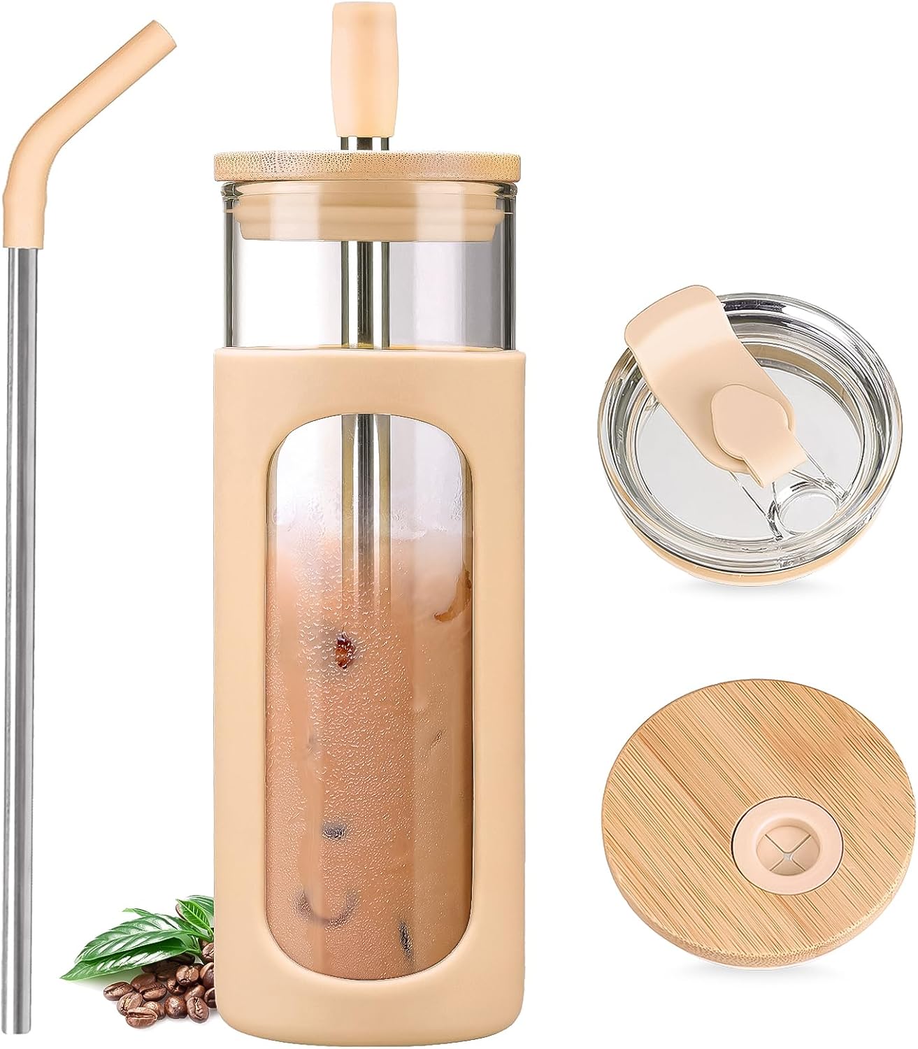 20oz Glass Tumbler with Straw and Lid, Iced Coffee Cups with Bamboo Lids, Glass Cups for Cold Drinks, Smoothie Cup with Silicone Sleeve for Travel, Work, BPA FREE-Olive - Colors A