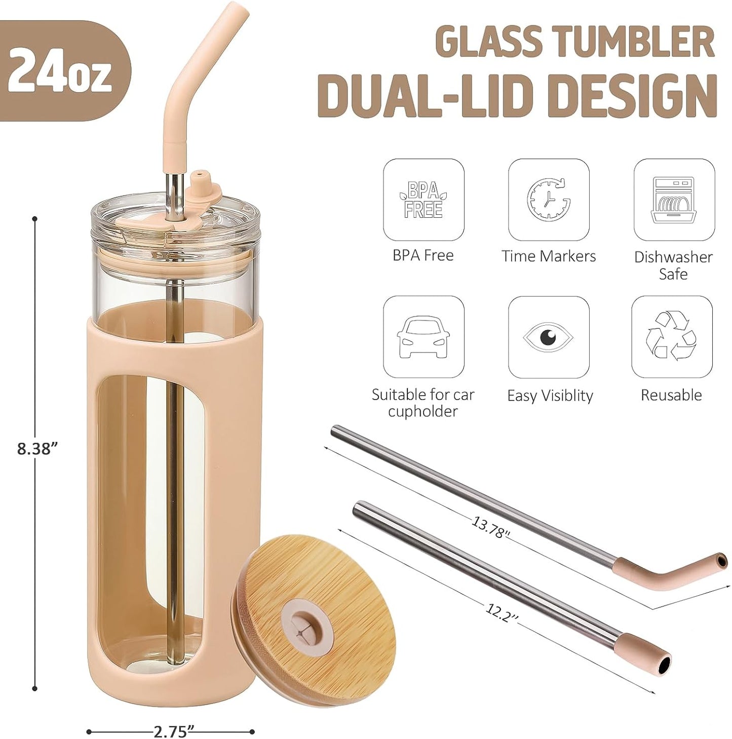20oz Glass Tumbler with Straw and Lid, Iced Coffee Cups with Bamboo Lids, Glass Cups for Cold Drinks, Smoothie Cup with Silicone Sleeve for Travel, Work, BPA FREE-Olive - Colors A