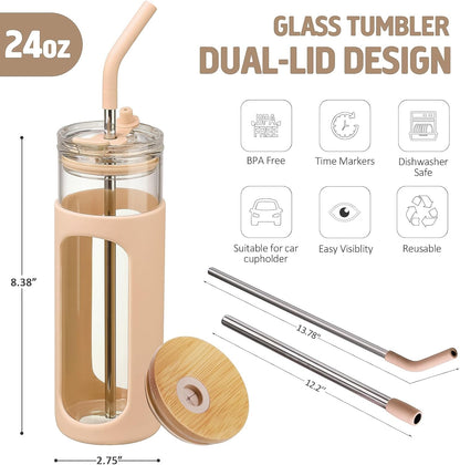 20oz Glass Tumbler with Straw and Lid, Iced Coffee Cups with Bamboo Lids, Glass Cups for Cold Drinks, Smoothie Cup with Silicone Sleeve for Travel, Work, BPA FREE-Olive - Colors A