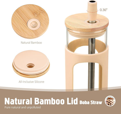 20oz Glass Tumbler with Straw and Lid, Iced Coffee Cups with Bamboo Lids, Glass Cups for Cold Drinks, Smoothie Cup with Silicone Sleeve for Travel, Work, BPA FREE-Olive - Colors A