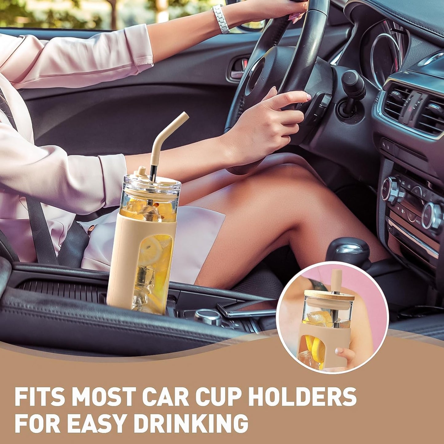 20oz Glass Tumbler with Straw and Lid, Iced Coffee Cups with Bamboo Lids, Glass Cups for Cold Drinks, Smoothie Cup with Silicone Sleeve for Travel, Work, BPA FREE-Olive - Colors A