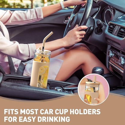 20oz Glass Tumbler with Straw and Lid, Iced Coffee Cups with Bamboo Lids, Glass Cups for Cold Drinks, Smoothie Cup with Silicone Sleeve for Travel, Work, BPA FREE-Olive - Colors A