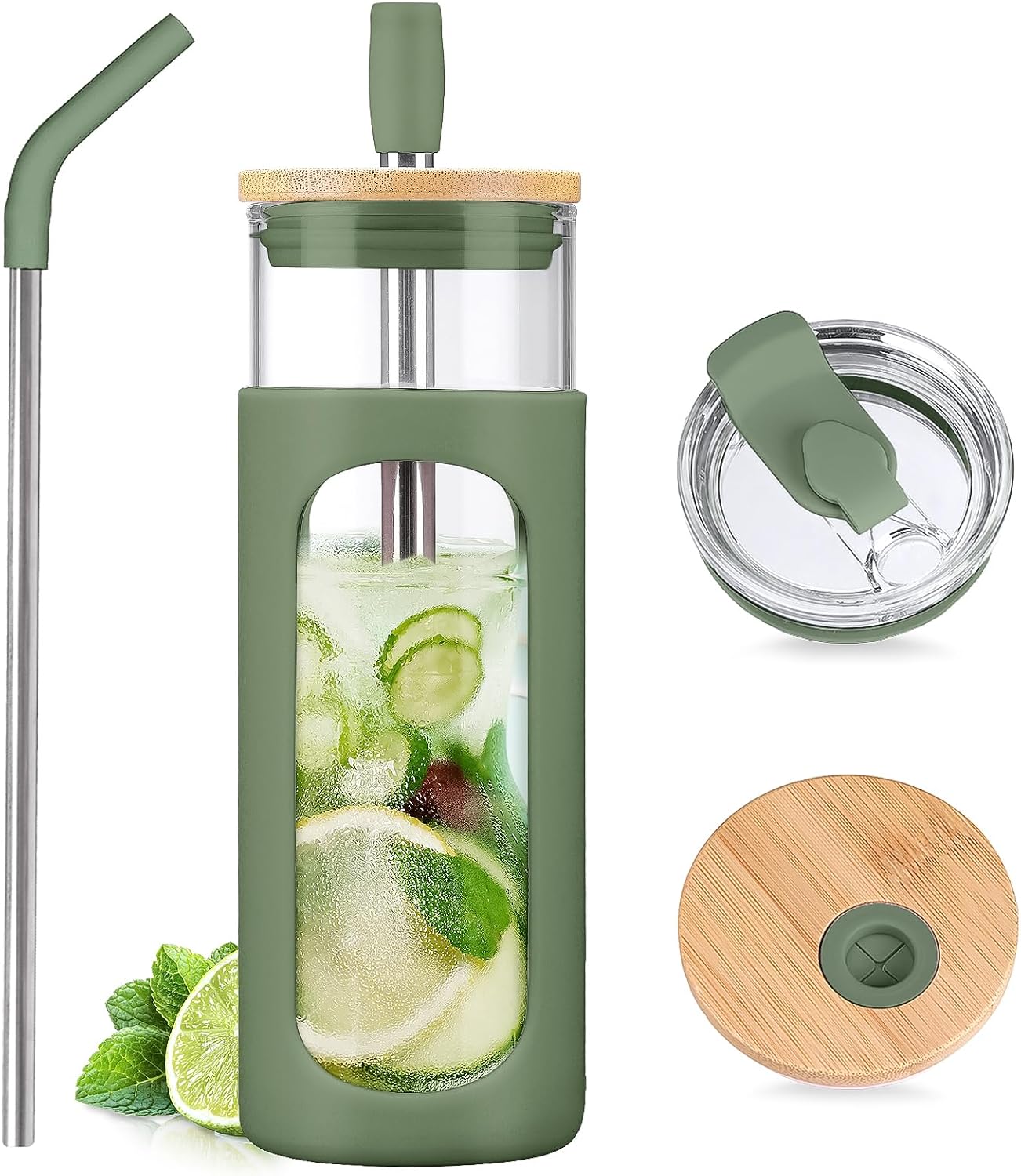 20oz Glass Tumbler with Straw and Lid, Iced Coffee Cups with Bamboo Lids, Glass Cups for Cold Drinks, Smoothie Cup with Silicone Sleeve for Travel, Work, BPA FREE-Olive - Colors A