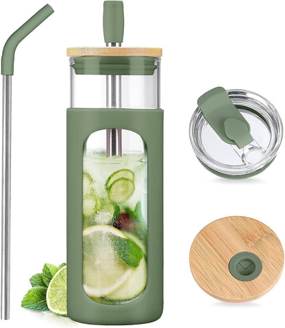 20oz Glass Tumbler with Straw and Lid, Iced Coffee Cups with Bamboo Lids, Glass Cups for Cold Drinks, Smoothie Cup with Silicone Sleeve for Travel, Work, BPA FREE-Olive - Colors A