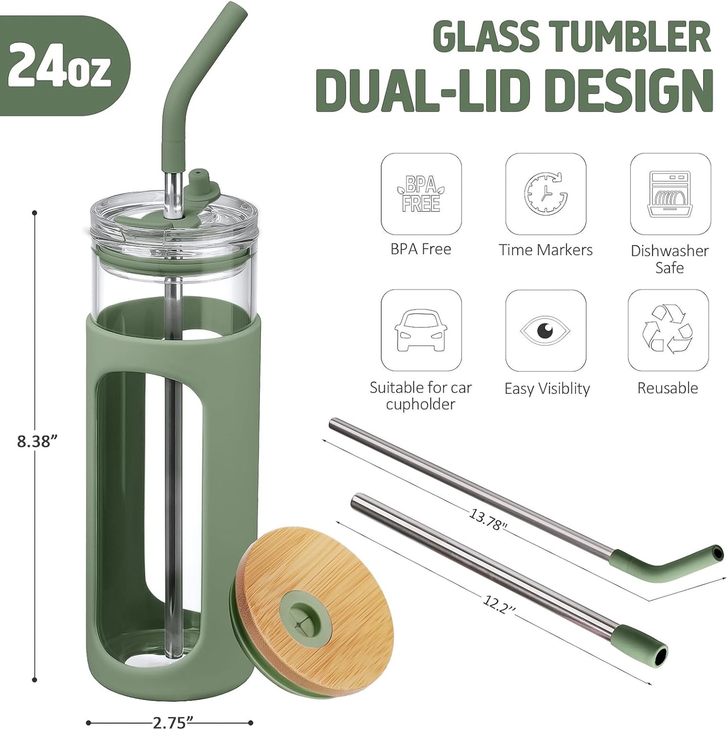 20oz Glass Tumbler with Straw and Lid, Iced Coffee Cups with Bamboo Lids, Glass Cups for Cold Drinks, Smoothie Cup with Silicone Sleeve for Travel, Work, BPA FREE-Olive - Colors A