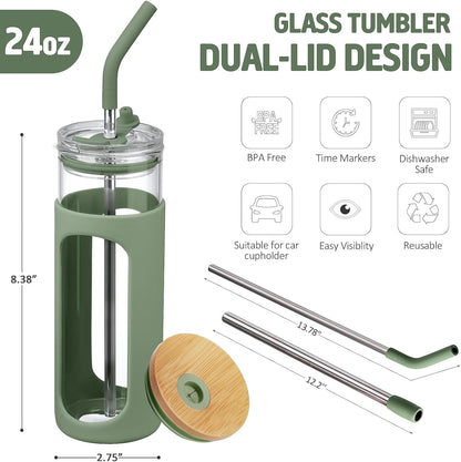 20oz Glass Tumbler with Straw and Lid, Iced Coffee Cups with Bamboo Lids, Glass Cups for Cold Drinks, Smoothie Cup with Silicone Sleeve for Travel, Work, BPA FREE-Olive - Colors A