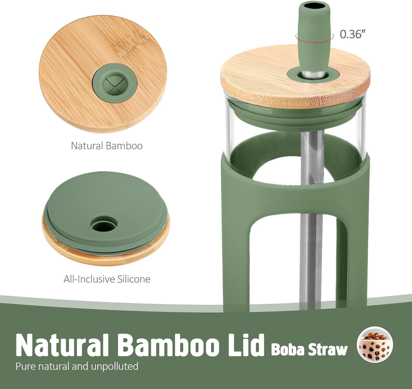 20oz Glass Tumbler with Straw and Lid, Iced Coffee Cups with Bamboo Lids, Glass Cups for Cold Drinks, Smoothie Cup with Silicone Sleeve for Travel, Work, BPA FREE-Olive - Colors A
