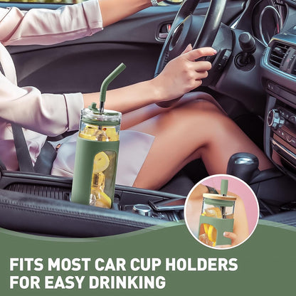 20oz Glass Tumbler with Straw and Lid, Iced Coffee Cups with Bamboo Lids, Glass Cups for Cold Drinks, Smoothie Cup with Silicone Sleeve for Travel, Work, BPA FREE-Olive - Colors A