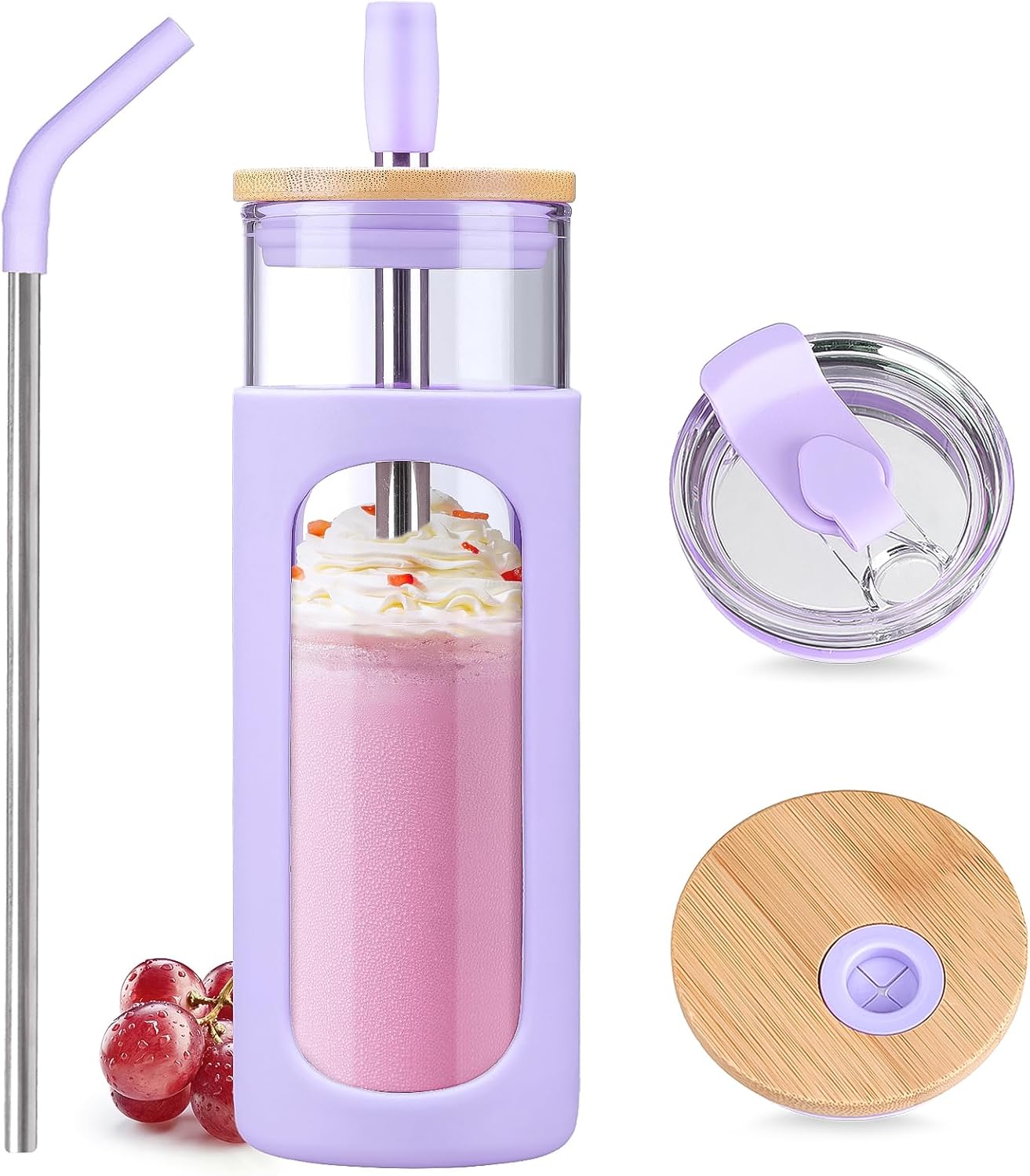 20oz Glass Tumbler with Straw and Lid, Iced Coffee Cups with Bamboo Lids, Glass Cups for Cold Drinks, Smoothie Cup with Silicone Sleeve for Travel, Work, BPA FREE-Olive - Colors A