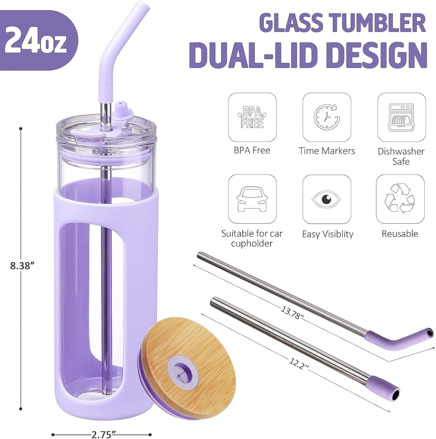 20oz Glass Tumbler with Straw and Lid, Iced Coffee Cups with Bamboo Lids, Glass Cups for Cold Drinks, Smoothie Cup with Silicone Sleeve for Travel, Work, BPA FREE-Olive - Colors A