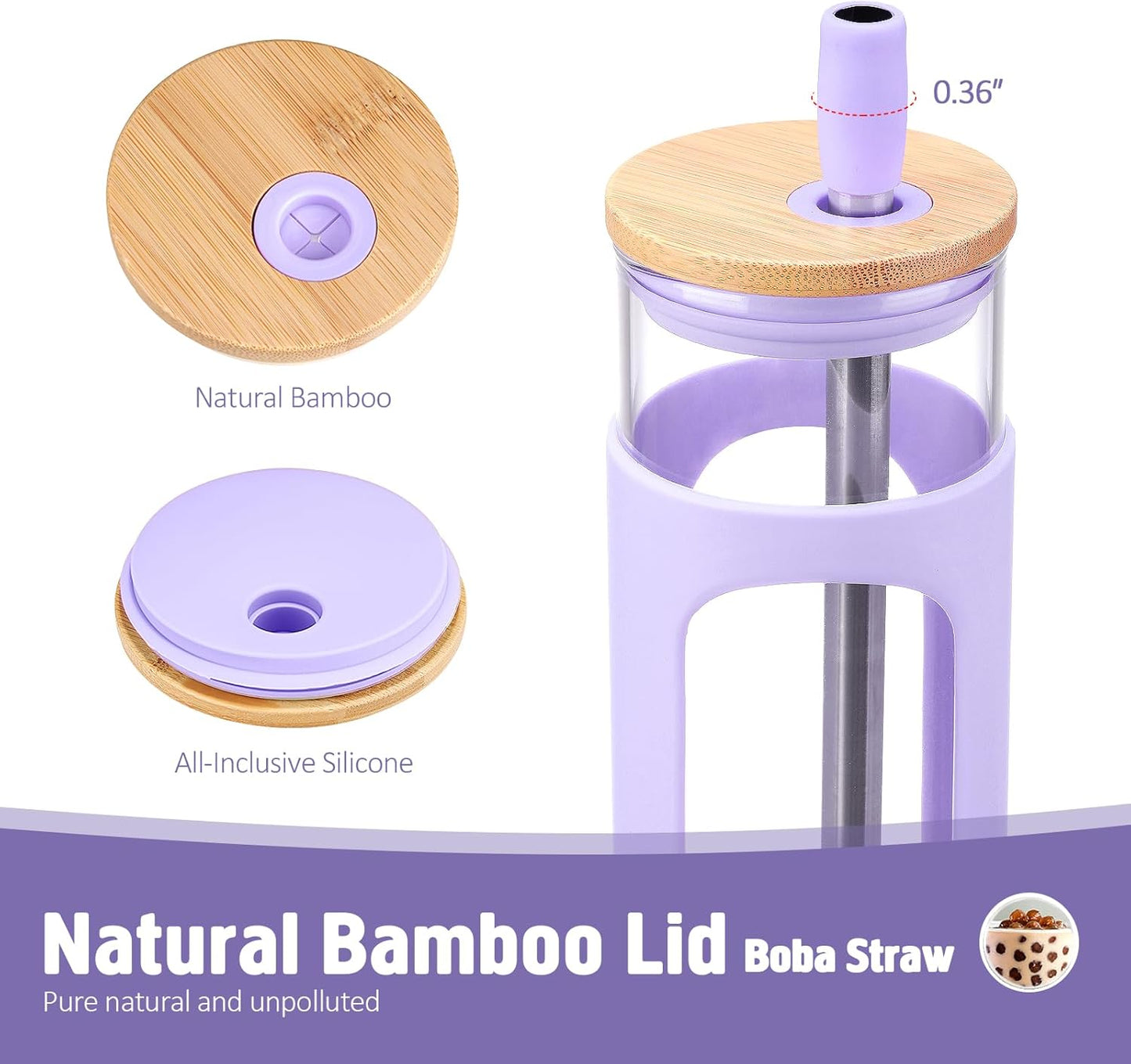 20oz Glass Tumbler with Straw and Lid, Iced Coffee Cups with Bamboo Lids, Glass Cups for Cold Drinks, Smoothie Cup with Silicone Sleeve for Travel, Work, BPA FREE-Olive - Colors A