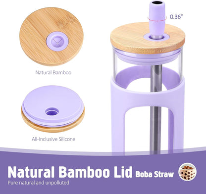 20oz Glass Tumbler with Straw and Lid, Iced Coffee Cups with Bamboo Lids, Glass Cups for Cold Drinks, Smoothie Cup with Silicone Sleeve for Travel, Work, BPA FREE-Olive - Colors A