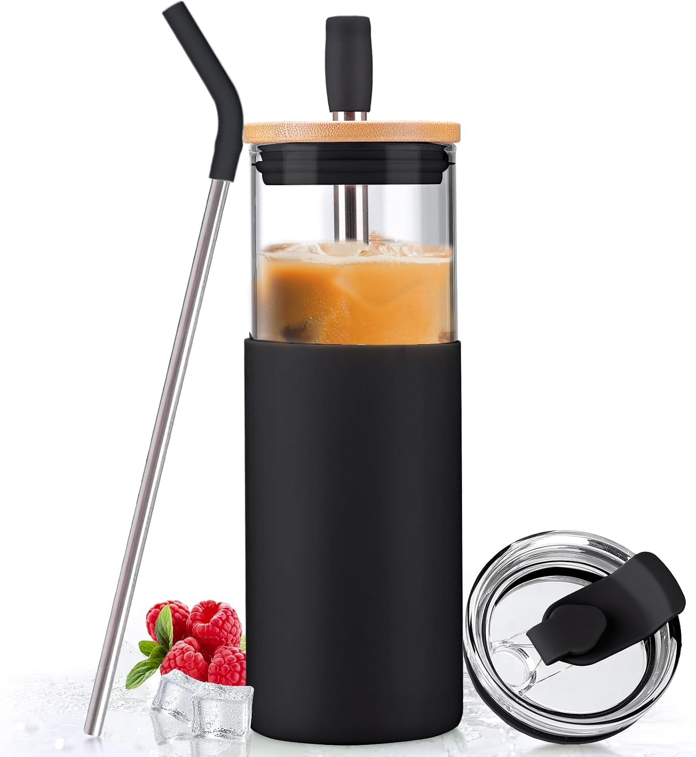 20oz Glass Tumbler with Straw and Lid, Iced Coffee Cups with Bamboo Lids, Glass Cups for Cold Drinks, Smoothie Cup with Silicone Sleeve for Travel, Work, BPA FREE-Olive - Colors A