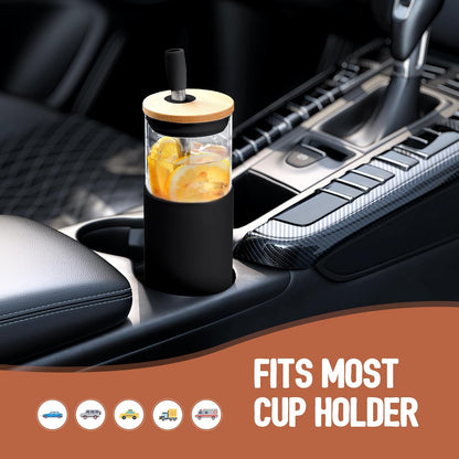 20oz Glass Tumbler with Straw and Lid, Iced Coffee Cups with Bamboo Lids, Glass Cups for Cold Drinks, Smoothie Cup with Silicone Sleeve for Travel, Work, BPA FREE-Olive - Colors A