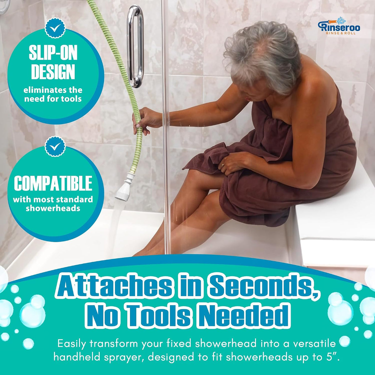 Slip-On Handheld Shower Attachment Hose w/Spray Head