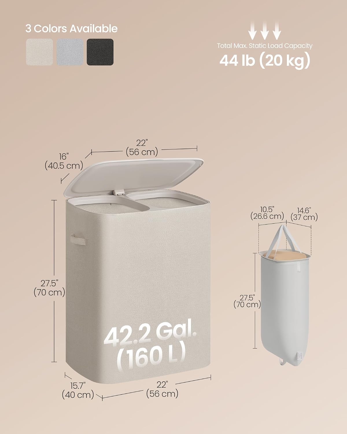 SONGMICS Laundry Hamper with Lid, 160L Laundry Basket, 2 Sections