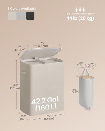 SONGMICS Laundry Hamper with Lid, 160L Laundry Basket, 2 Sections