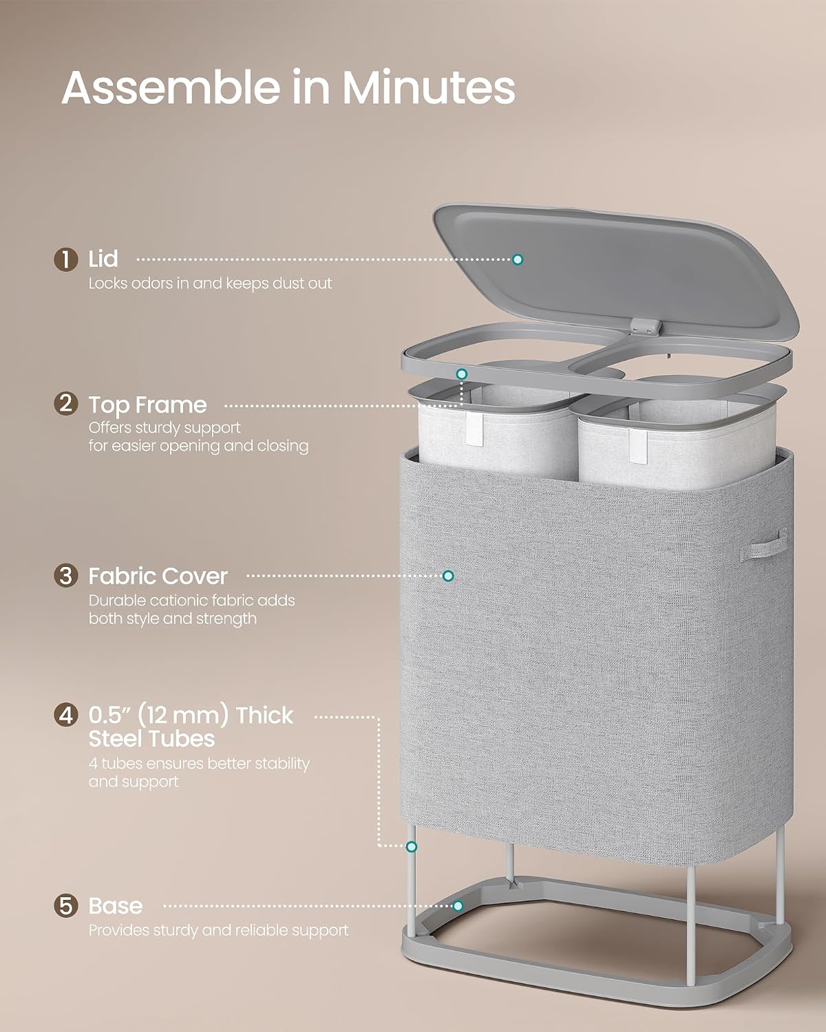 SONGMICS Laundry Hamper with Lid, 160L Laundry Basket, 2 Sections