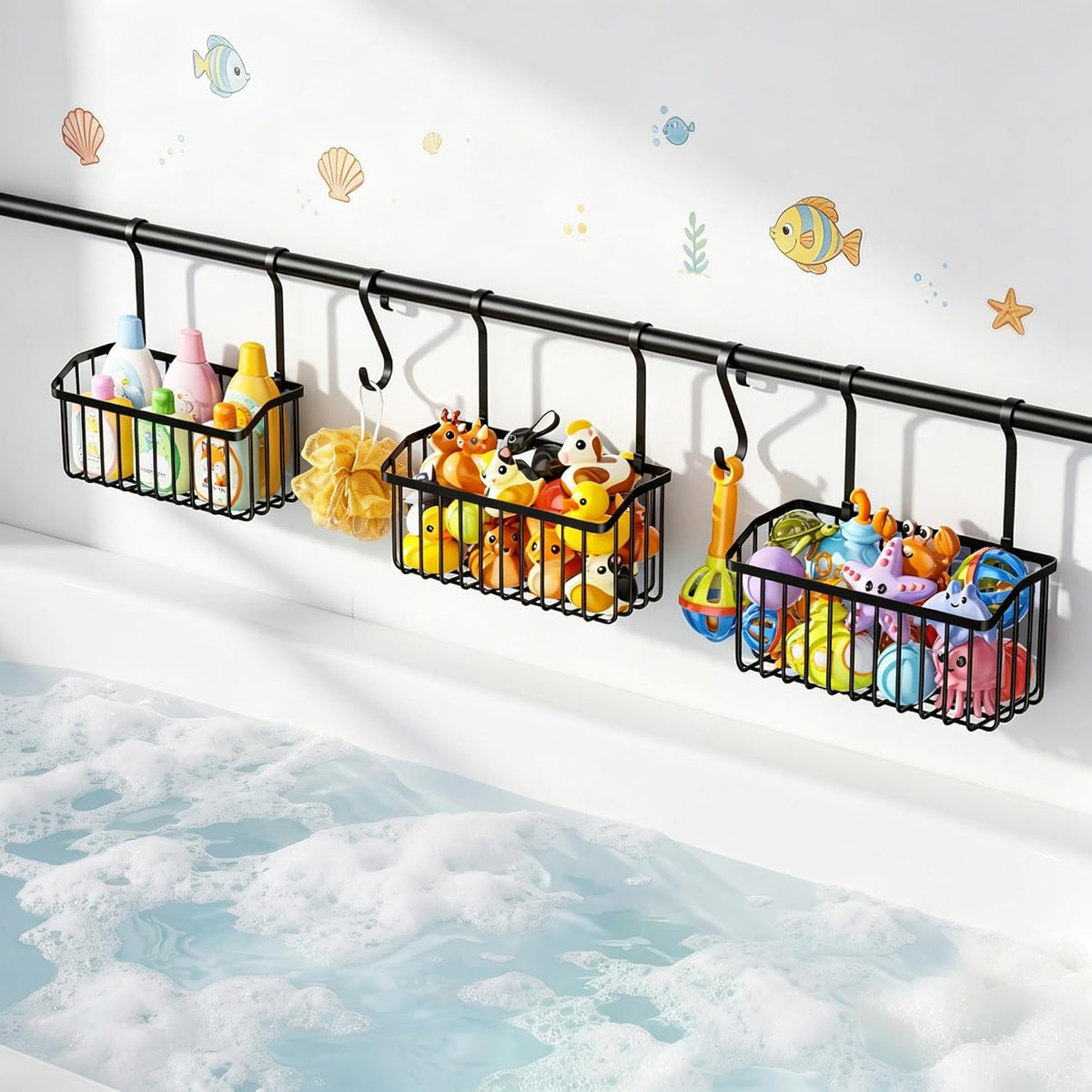 Over-the-Tub Bath Toy Storage, Adjustable Tub Organizer, Black