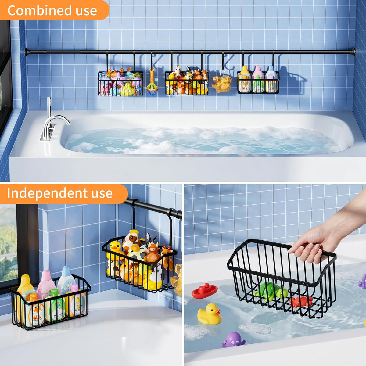 Over-the-Tub Bath Toy Storage, Adjustable Tub Organizer, Black