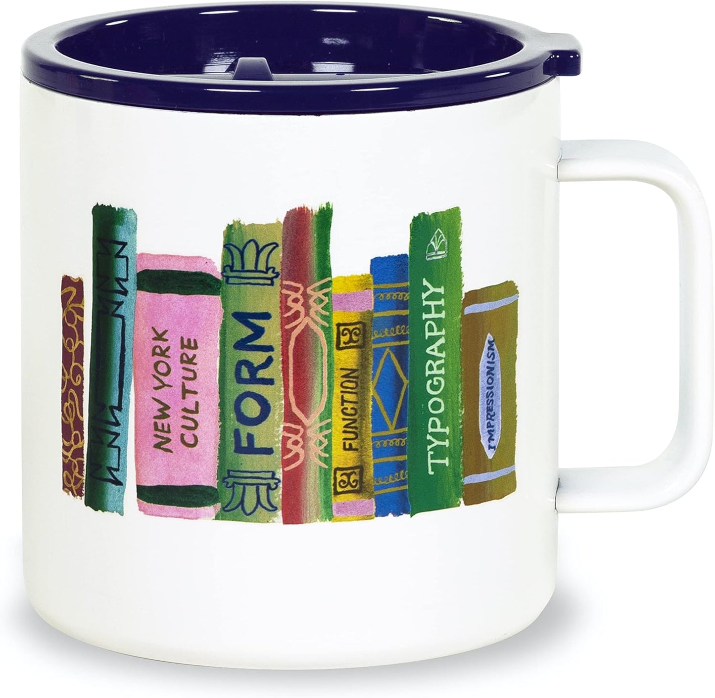 16 oz Insulated Mug, Bookshelf | Stainless Steel, Reusable, Travel Thermal Coffee Cup with Handle and Acrylic Lid for Hot and Cold Drinks