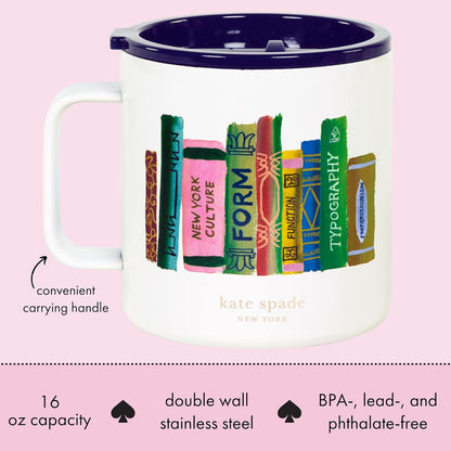 16 oz Insulated Mug, Bookshelf | Stainless Steel, Reusable, Travel Thermal Coffee Cup with Handle and Acrylic Lid for Hot and Cold Drinks