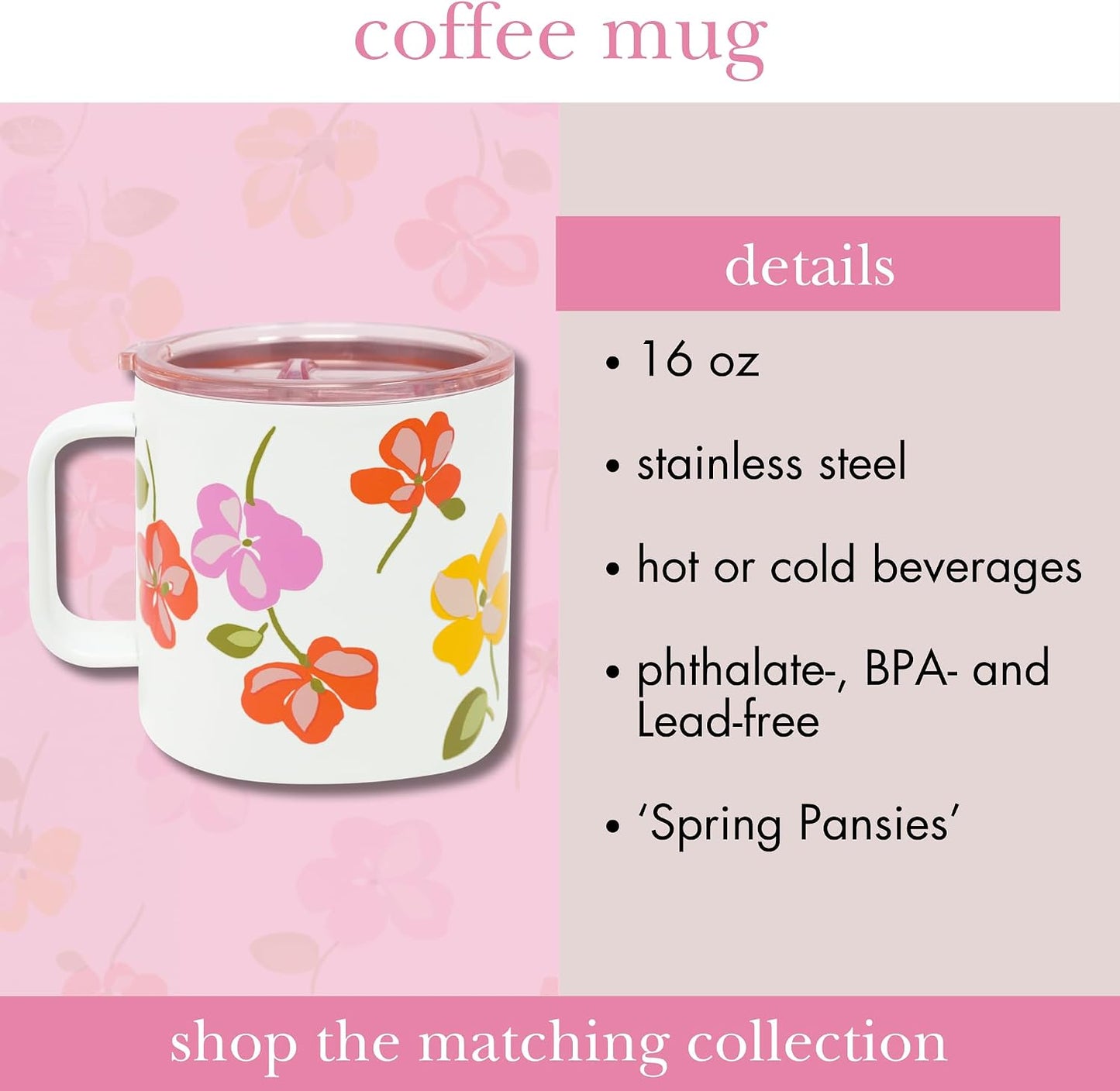 16 oz Insulated Mug, Bookshelf | Stainless Steel, Reusable, Travel Thermal Coffee Cup with Handle and Acrylic Lid for Hot and Cold Drinks