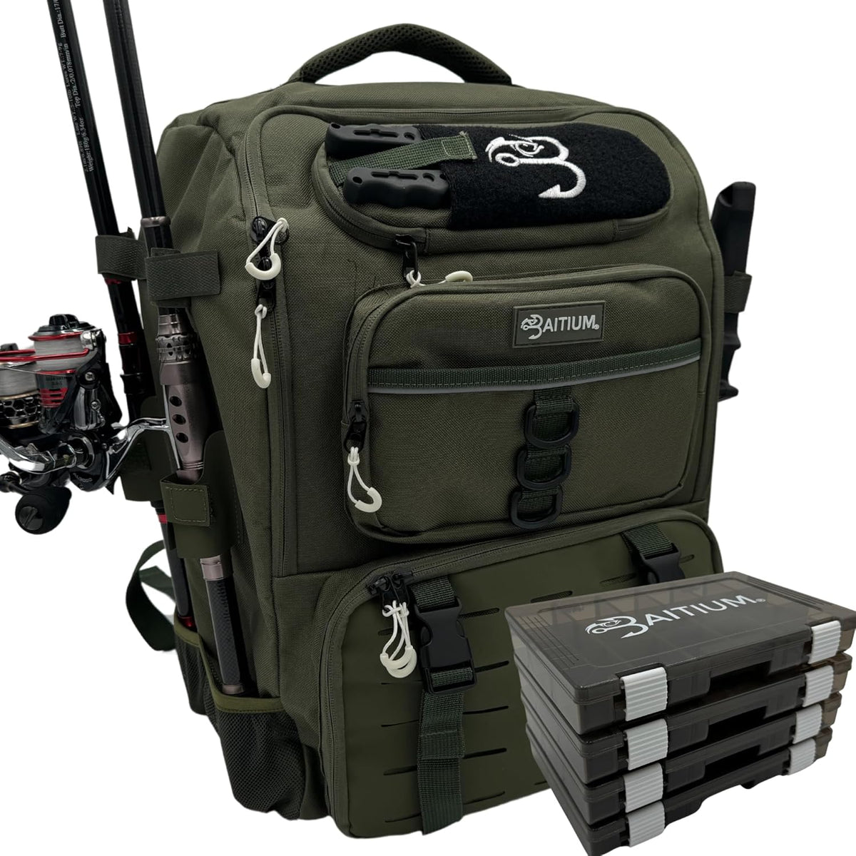 Fishing Backpack, Tackle Bag With Rod Holders, 40L Capacity With Cooler, Rain Cover, Insulated Pocket, 4 Tackle Trays Included (Jet Black)