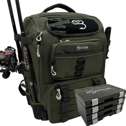 Fishing Backpack, Tackle Bag With Rod Holders, 40L Capacity With Cooler, Rain Cover, Insulated Pocket, 4 Tackle Trays Included (Jet Black)