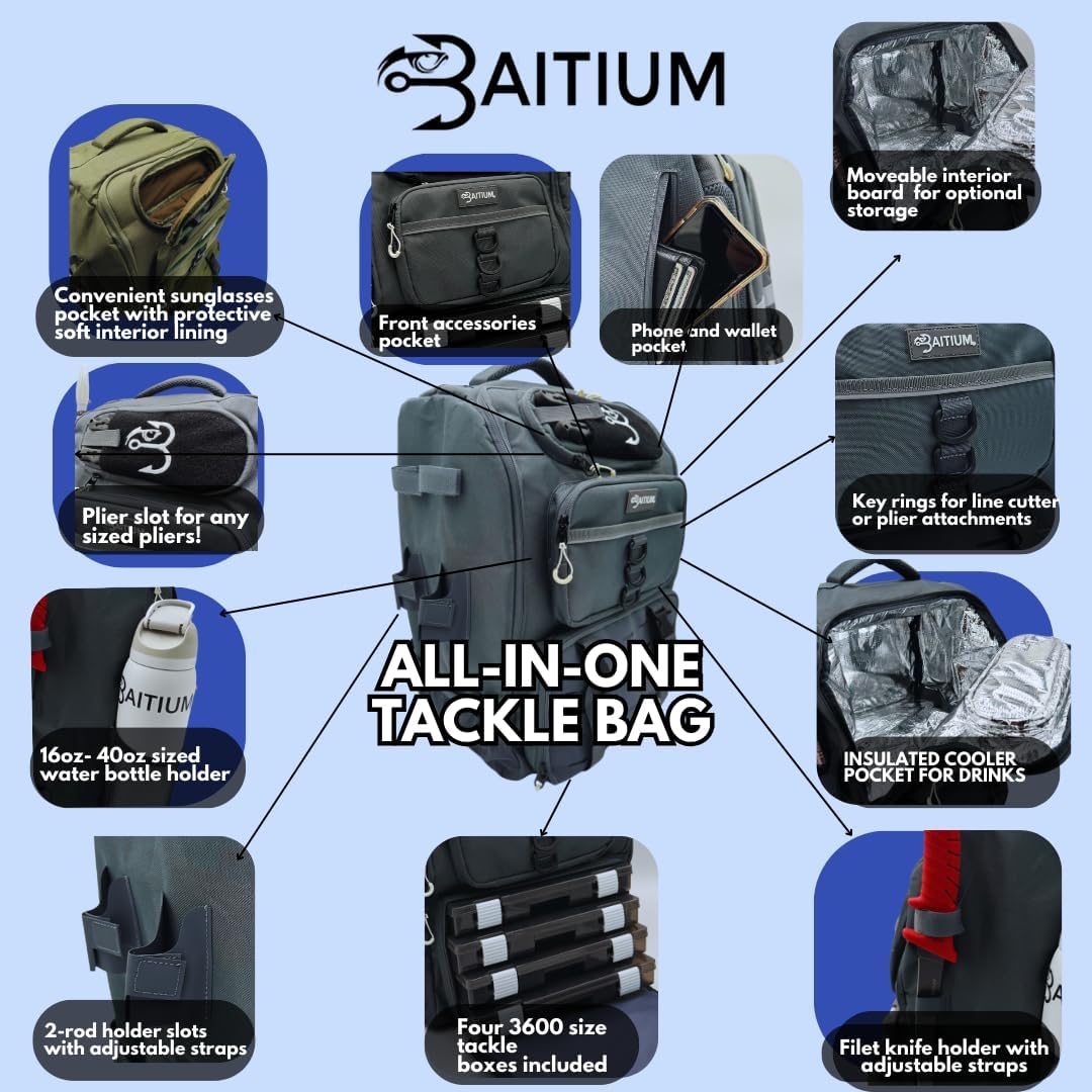 Fishing Backpack, Tackle Bag With Rod Holders, 40L Capacity With Cooler, Rain Cover, Insulated Pocket, 4 Tackle Trays Included (Jet Black)
