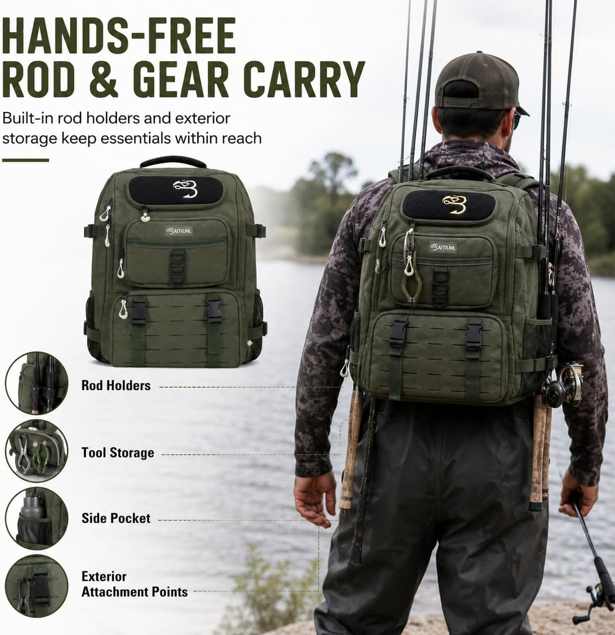 Fishing Backpack, Tackle Bag With Rod Holders, 40L Capacity With Cooler, Rain Cover, Insulated Pocket, 4 Tackle Trays Included (Jet Black)