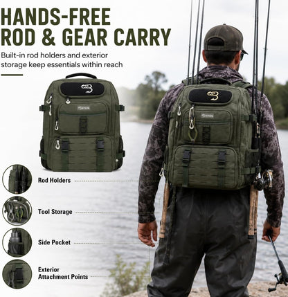 Fishing Backpack, Tackle Bag With Rod Holders, 40L Capacity With Cooler, Rain Cover, Insulated Pocket, 4 Tackle Trays Included (Jet Black)