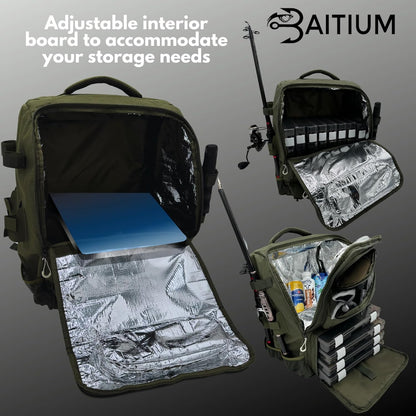 Fishing Backpack, Tackle Bag With Rod Holders, 40L Capacity With Cooler, Rain Cover, Insulated Pocket, 4 Tackle Trays Included (Jet Black)