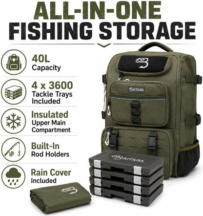 Fishing Backpack, Tackle Bag With Rod Holders, 40L Capacity With Cooler, Rain Cover, Insulated Pocket, 4 Tackle Trays Included (Jet Black)
