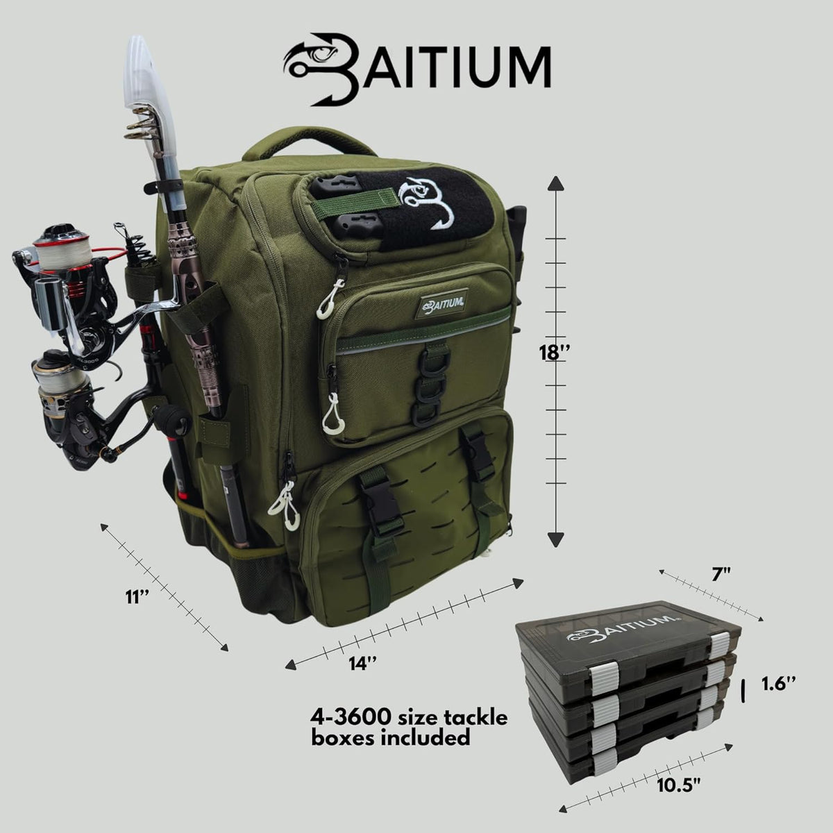 Fishing Backpack, Tackle Bag With Rod Holders, 40L Capacity With Cooler, Rain Cover, Insulated Pocket, 4 Tackle Trays Included (Jet Black)