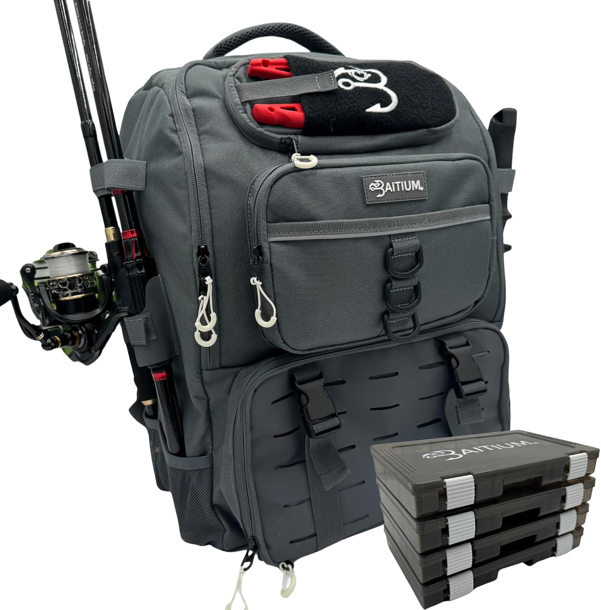 Fishing Backpack, Tackle Bag With Rod Holders, 40L Capacity With Cooler, Rain Cover, Insulated Pocket, 4 Tackle Trays Included (Jet Black)