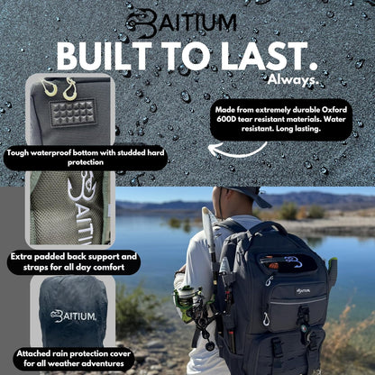 Fishing Backpack, Tackle Bag With Rod Holders, 40L Capacity With Cooler, Rain Cover, Insulated Pocket, 4 Tackle Trays Included (Jet Black)