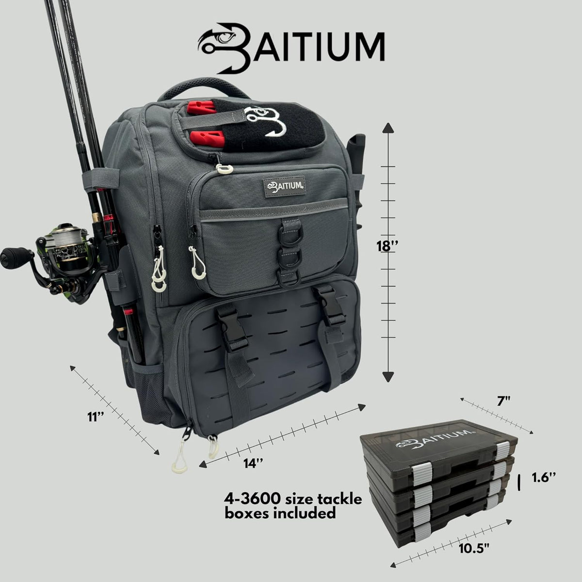 Fishing Backpack, Tackle Bag With Rod Holders, 40L Capacity With Cooler, Rain Cover, Insulated Pocket, 4 Tackle Trays Included (Jet Black)