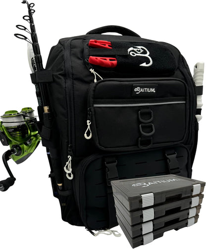 Fishing Backpack, Tackle Bag With Rod Holders, 40L Capacity With Cooler, Rain Cover, Insulated Pocket, 4 Tackle Trays Included (Jet Black)
