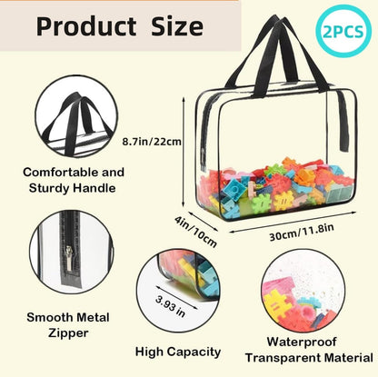 Large Toy Storage Bags PVC Waterproof Organizers Toy Bags Reusable Clear PVC Board Game Storage with Zipper and Handle for Board Games, Building Blocks, Puzzles, Kids Books (Black-2PCS)