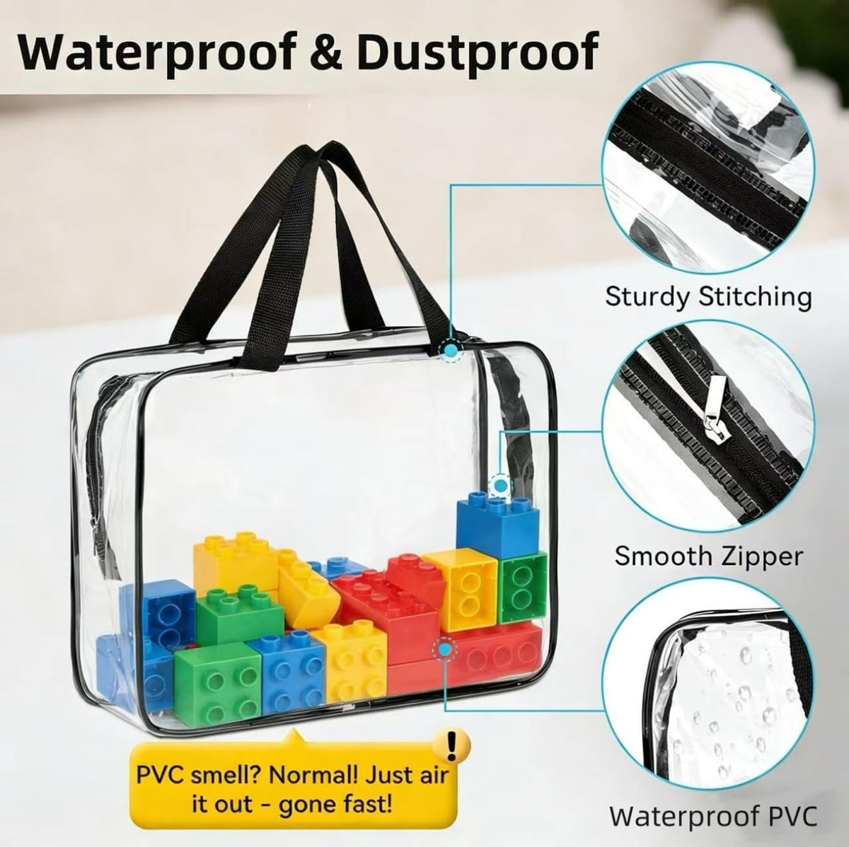 Large Toy Storage Bags PVC Waterproof Organizers Toy Bags Reusable Clear PVC Board Game Storage with Zipper and Handle for Board Games, Building Blocks, Puzzles, Kids Books (Black-2PCS)