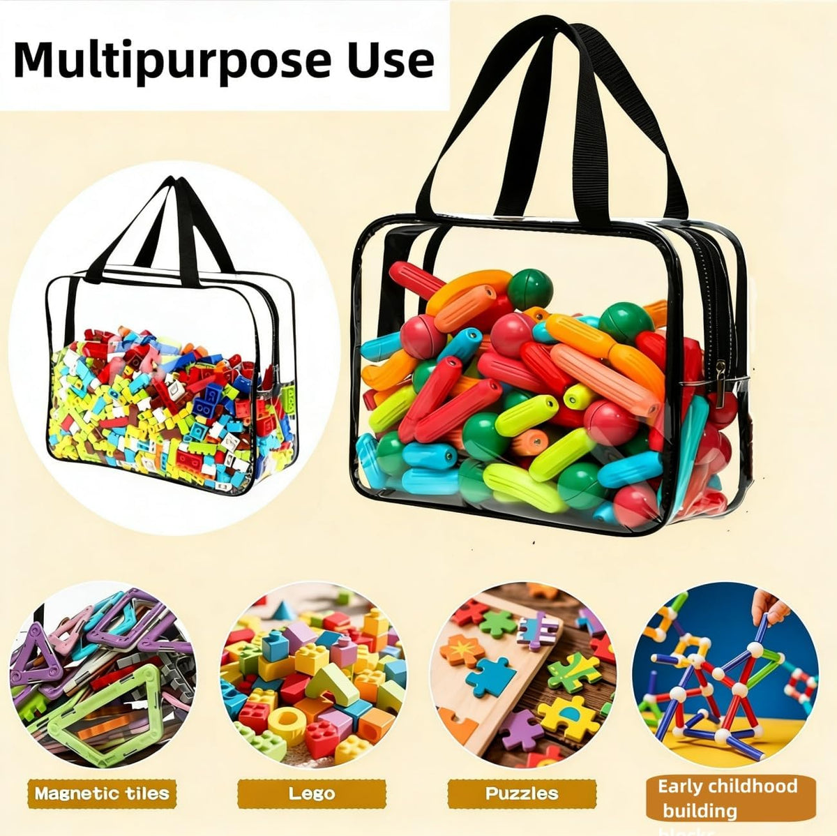 Large Toy Storage Bags PVC Waterproof Organizers Toy Bags Reusable Clear PVC Board Game Storage with Zipper and Handle for Board Games, Building Blocks, Puzzles, Kids Books (Black-2PCS)