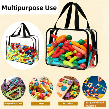 Large Toy Storage Bags PVC Waterproof Organizers Toy Bags Reusable Clear PVC Board Game Storage with Zipper and Handle for Board Games, Building Blocks, Puzzles, Kids Books (Black-2PCS)