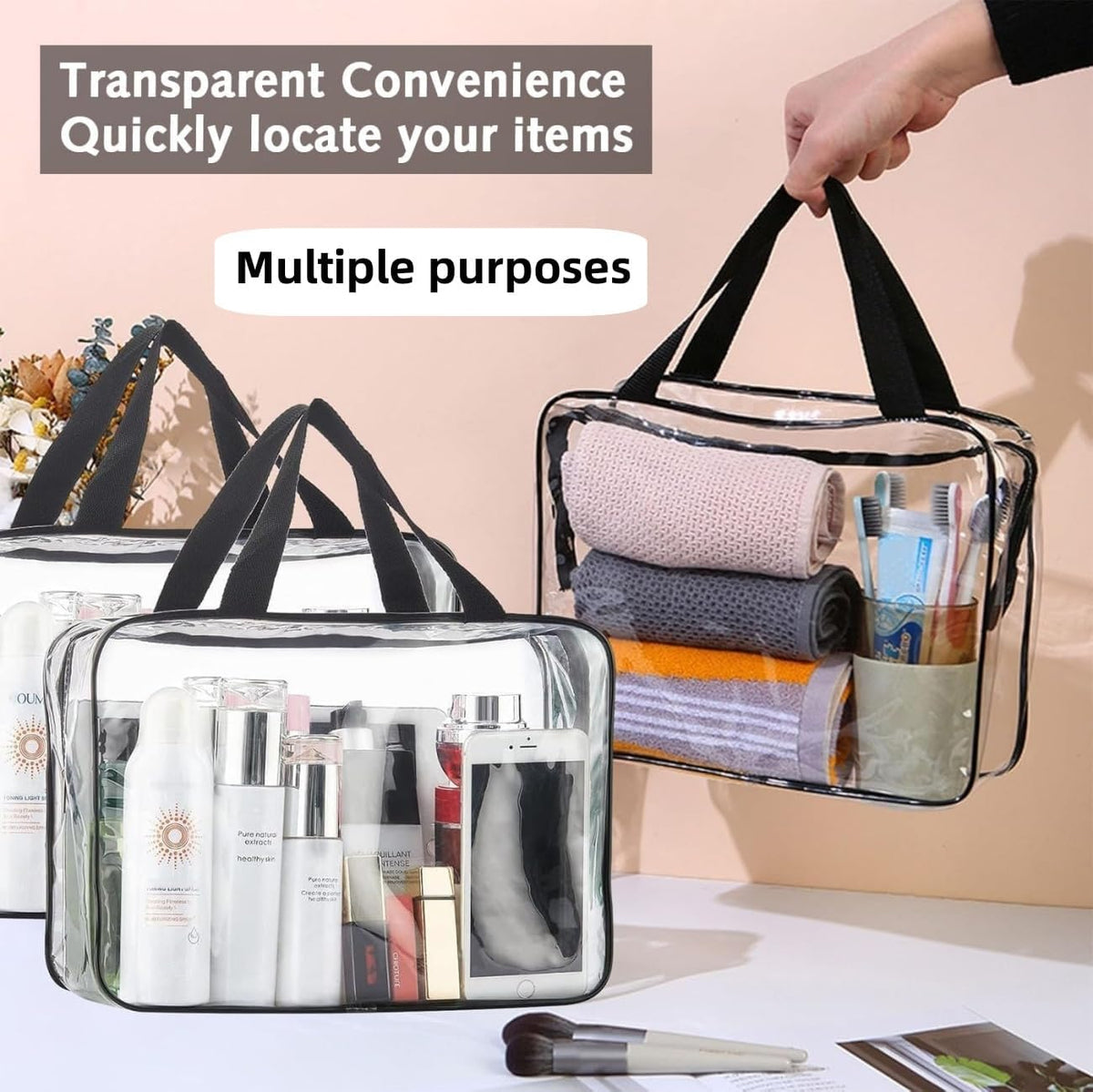 Large Toy Storage Bags PVC Waterproof Organizers Toy Bags Reusable Clear PVC Board Game Storage with Zipper and Handle for Board Games, Building Blocks, Puzzles, Kids Books (Black-2PCS)