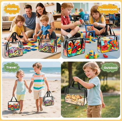 Large Toy Storage Bags PVC Waterproof Organizers Toy Bags Reusable Clear PVC Board Game Storage with Zipper and Handle for Board Games, Building Blocks, Puzzles, Kids Books (Black-2PCS)