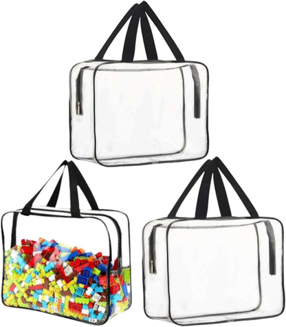 Large Toy Storage Bags PVC Waterproof Organizers Toy Bags Reusable Clear PVC Board Game Storage with Zipper and Handle for Board Games, Building Blocks, Puzzles, Kids Books (Black-2PCS)