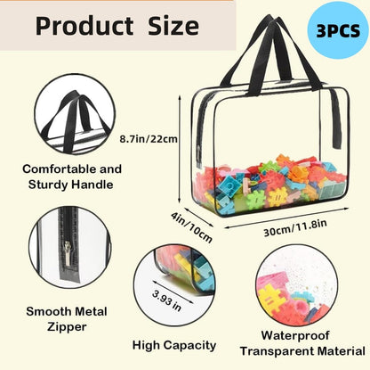 Large Toy Storage Bags PVC Waterproof Organizers Toy Bags Reusable Clear PVC Board Game Storage with Zipper and Handle for Board Games, Building Blocks, Puzzles, Kids Books (Black-2PCS)
