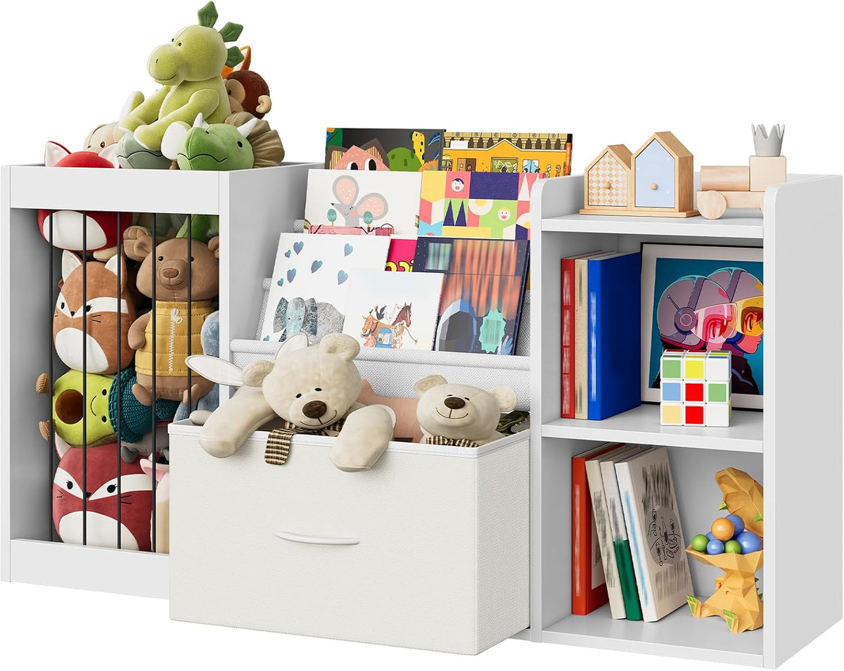 2-in-1 Kids Bookshelf with Stuffed Animal Storage White