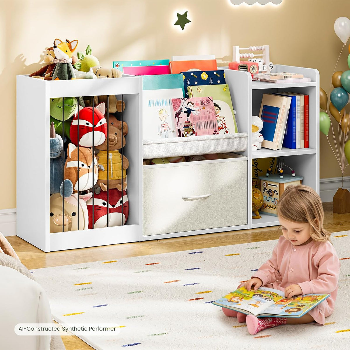 2-in-1 Kids Bookshelf with Stuffed Animal Storage White